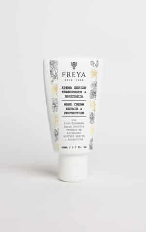 Κρέμα χεριών Freya Skin Care για επανόρθωση και προστασία, πλούσια σύνθεση με πολύτιμα φυσικά συστατικά που ενυδατώνουν, θρέφουν και προστατεύουν την επιδερμίδα. Ελαφριάς υφής, απορροφάται γρήγορα. Βρείτε την στο www.freyas.gr